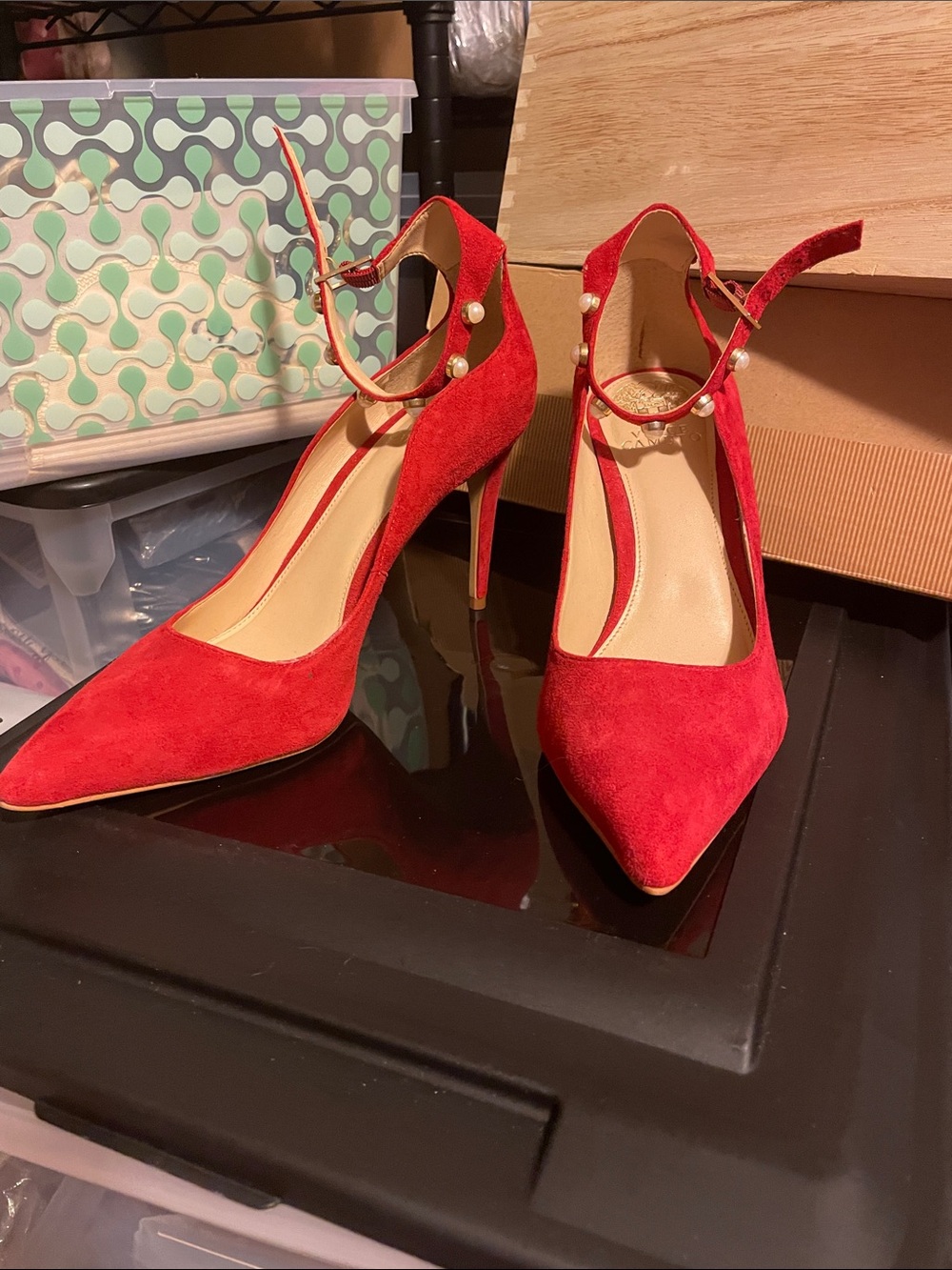Vince Camuto Red Suede Pointed-Toe Ankle-Strap Heels with Pearl Accents